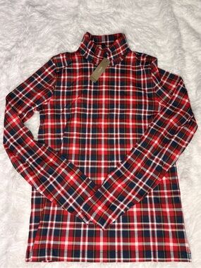 NWT J. Crew Red and Navy Plaid Turtleneck Top